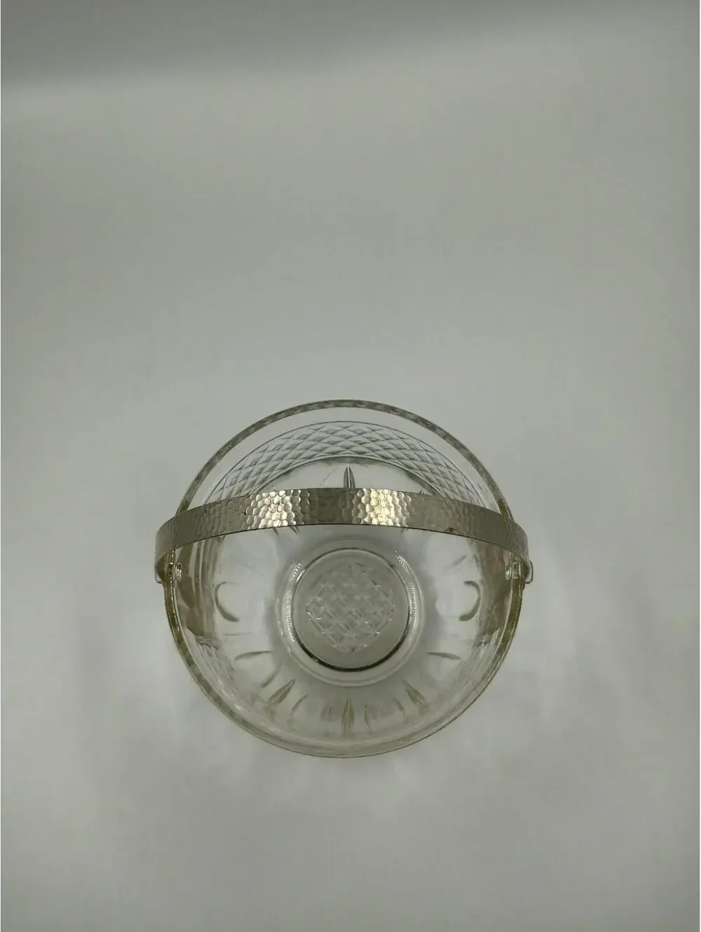 Vintage Clear Pressed Glass Ice Bucket Diamond Hammered Metal Handle Barware